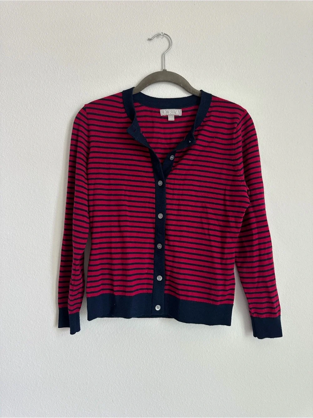 J. Crew Pink and Navy Striped Button-Up Cardigan